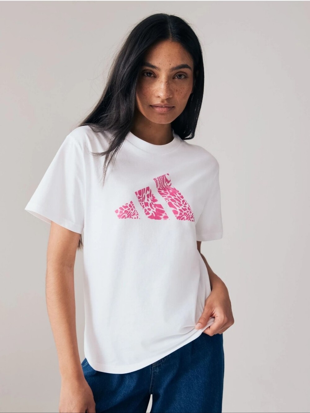 NWT adidas White Tee with Pink Animal-Print Trefoil